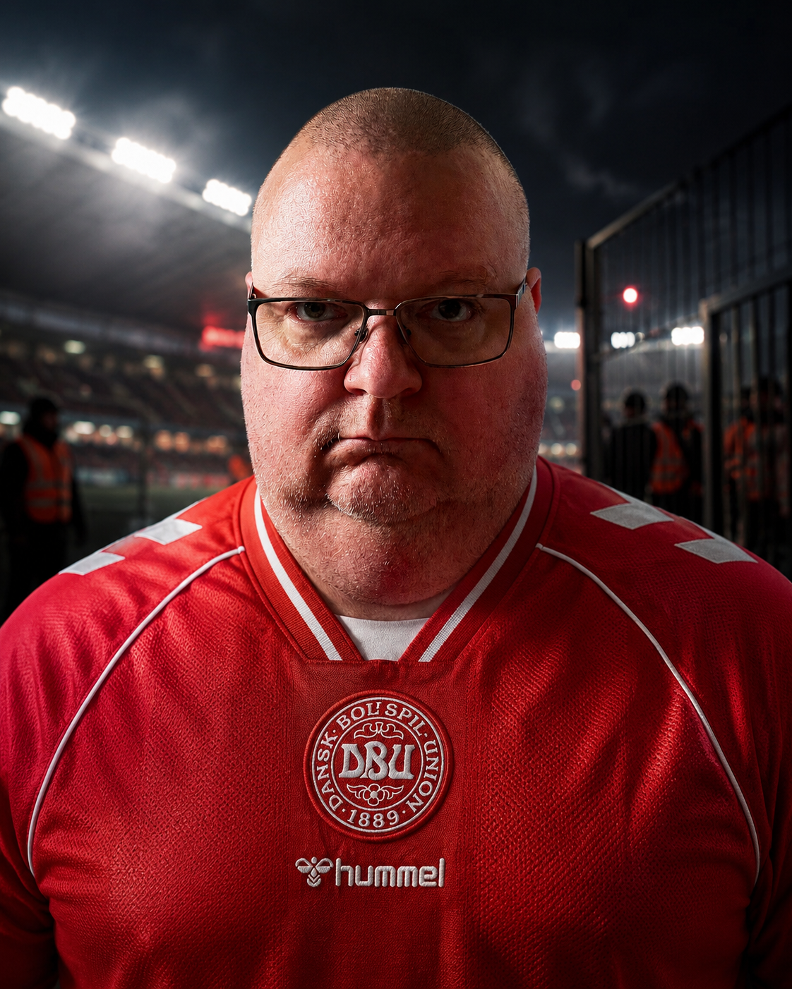 Niclas Christian Aarestrup i dansk fodboldlandsholdstrøje foran et dramatisk stadionmiljø